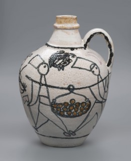 A jug with a handle with painted decoration—stylized figures of people robbers and musicians and