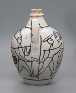 A painted ceramic jug with handle featuring stylized figures of people robbers and musicians and