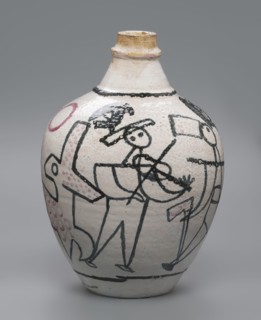 A painted ceramic jug with a handle, decorated with stylized figures of people robbers and