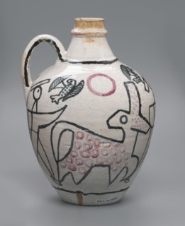 A jug with a handle with painted decoration — stylized figures of people robbers and musicians and