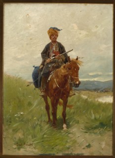 Brandt, Józef 1841–1915 painter, horses, soldiers, riders, weapons, genre scenes with landscape