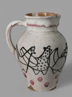 Jug with a handle with zoomorphic decoration: procession of hens; made 1949 by Antoni Kenar