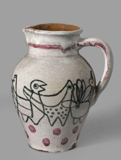 Jug with a handle with zoomorphic decoration: procession of hens. Makers/creators: Office of