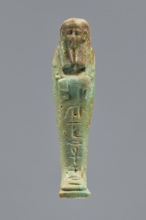 Ankhren's shabti, Ankh-ren name. Mummy-shaped figurine, funerary shabti, standing on a base and