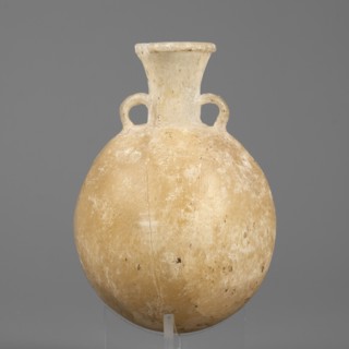 Flask-shaped vessel, pilgrim flask with a spherical, flattened belly, narrow high widening neck and