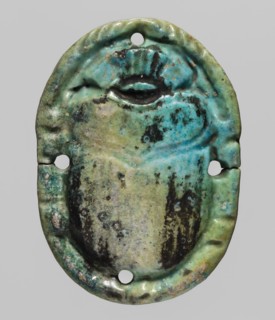 Scarab appliqué, scarab amulet made as an appliqué, likely part of a mummy net; grave goods,