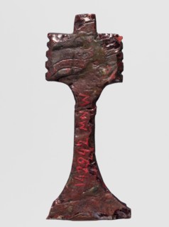 Amulet - djed pillar, A brown glass amulet in the shape of a djed pillar with five crossbars and a