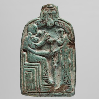 Amulet — stele with lion-headed goddesses Bastet and Sekhmet?, lionesses, Egyptian deities;