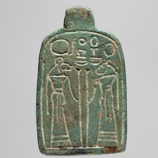 Amulet — stele with lion-headed goddesses Bastet and Sekhmet?, lionesses, Egyptian deities, Sekhmet