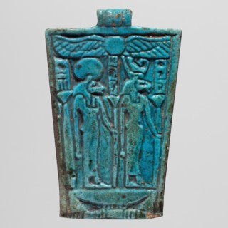 Amulet - Plaque with two lion-headed goddesses, Sekhmet myth., uraeus, solar disk, Uadj scepter,