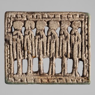 Amulet — plaque with six standing deities in a frame, Egyptian deities with solar discs; amulet