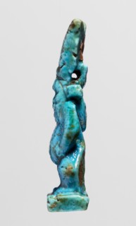 Amulet - god Bes;, Figurine of Bes standing on slightly crooked legs, hands resting on his thighs,