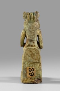 Amulet - figurine of a lion-headed goddess possibly Uajit or Sekhmet seated on a throne; Egyptian,