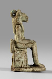 Amulet — figurine of a lion-headed goddess sitting on a throne Uajit? / Sekhmet?, limestone?, Late