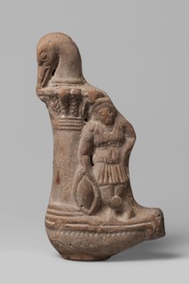 Lamp with a depiction of Athena-Neith, Lamp decorated with a youth, standing on its container,