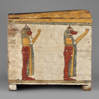 Canopic box, Sons of Horus, falcons, jackals, Isis, Nephthys; grave goods, Egyptian deities; ca.