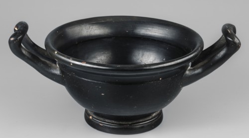 Black-finned skyphos, early 4th century BC, Attica; thick-walled variety with two handles, deep
