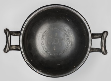 Black-finned skyphos, early 4th century BC, Attica; thick-walled variety with two handles, deep