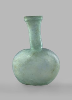 Flask with a spherical body and a high, cylindrical neck ending in a wide, straight-cut rim. The