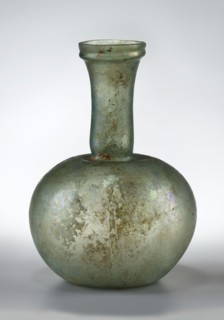 Flask with a spherical body and a high, cylindrical neck ending in a wide, straight-cut rim. The