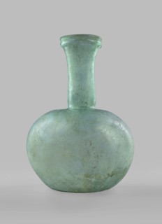 Flask with a spherical body and a high, cylindrical neck ending in a wide, straight-cut rim. The