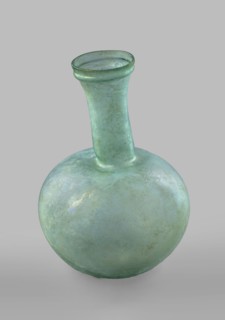 Flask with a spherical body and a high, cylindrical neck ending in a wide, straight-cut rim. The