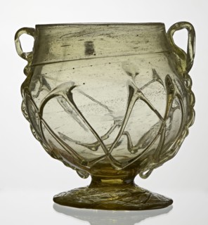 Skyphos, Deep bowl with wide foot and two small vertical handles. Surface decorated with a zigzag