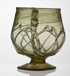 Skyphos, Deep bowl with wide foot and two small vertical handles. Surface decorated with a zigzag