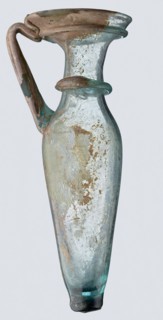 Bottle; eastern workshop, 3rd–4th century AD. Transparent bluish-green glass, free-blown, with