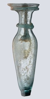Bottle; eastern workshop;, 3rd–4th century AD. Transparent bluish-green glass, short cylindrical