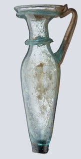 Bottle; eastern workshop, 3rd–4th century AD. Transparent bluish-green glass, free-blown; short