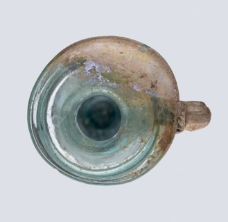 Bottle; eastern workshop, 3rd–4th century AD. Transparent bluish-green glass, free-blown; short