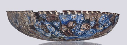 Bowl, Egyptian workshop; mosaic glass bowl with flat bottom, walls widening toward the top then