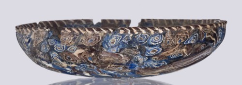 Bowl, Egyptian workshop; mosaic glass; floral patterns in blue, purple, yellow, green, and white.