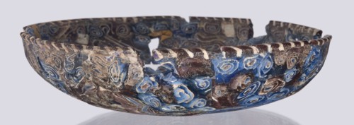 Bowl, Egyptian workshop; mosaic glass; glass vessel decorated with floral patterns in blue, purple,