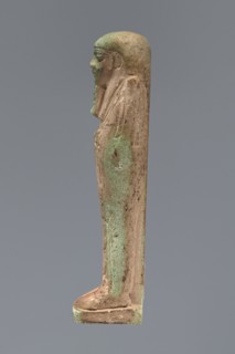 Ushabti, unknown creator; Hor-em-saf ca. 664–525 BC. Mummy-shaped figurine made of green faience.