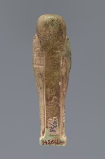 Ushabti, Hor-em-saf ca. 664–525 BC. Mummy-shaped figurine made of green faience. Stocky build,