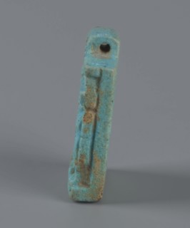 Amulet — plaque with a triad of deities: Harpocrates Horus, Isis, Nephthys. Amulet in the shape of