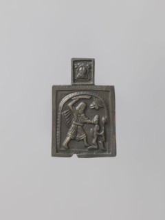 Icon: St. Nikita Slaying the Devil, Old Believer workshop; subjects: Jesus Christ Bible, devils,
