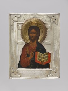 Icon in a cover: Christ Pantocrator. The icon represents a traditional, half-length variant of