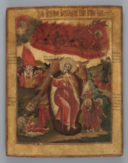 Icon: The Fiery Ascension of the Prophet Elijah into Heaven, Russian workshop. Bird iconography,