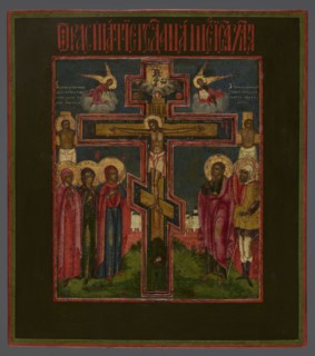 Icon: Crucifixion of Christ on Golgotha, Old Believers workshop. In the center a recessed
