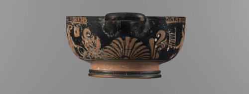 Red-figure bowl with Eros and a young woman, /workshop, red-figure pottery, bowl kylix, yellow clay