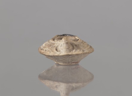 Oil lamp, unknown Palestinian workshop. Oval lamp with conical handle. Large olive opening