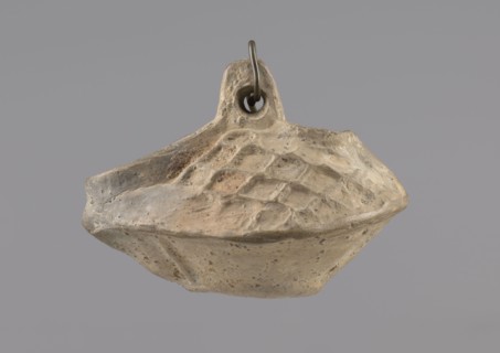 Lamp, Oval lamp made of yellow-gray clay with a high container and two handles, through which a