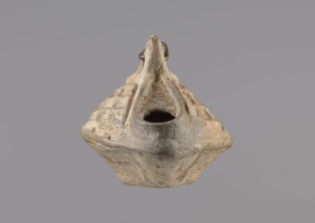 Lamp, Oval lamp made of yellow-gray clay with a high container and two handles, through which a