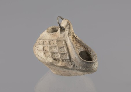 Lamp, Oval lamp made of yellow-gray clay with a high container and two handles through which a