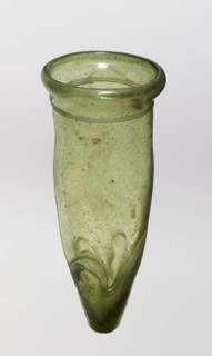 Lamp oil container, glass with cream enamel thread, 12th–15th century, possibly Syria or Egypt
