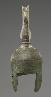 Bronze helmet, 8th–7th century BC, Italy, armament; height 46 cm, width 17.5 cm, depth 23 cm,
