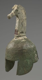 Bronze helmet, 8th–7th century BC, Italy, armament, height 46 cm, width 17.5 cm, depth 23 cm,